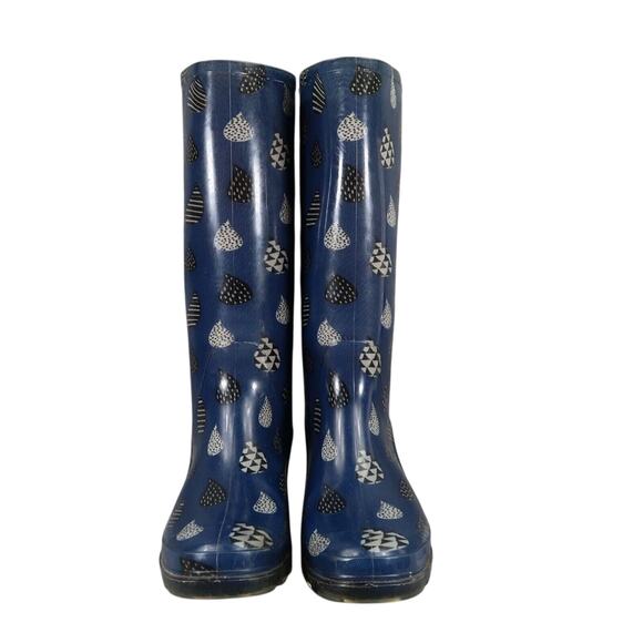 Toms Shoes Womens 7 Rain Boots Rubber Print Pull On Cabrilla Round Toe Blue Tall - Picture 3 of 15